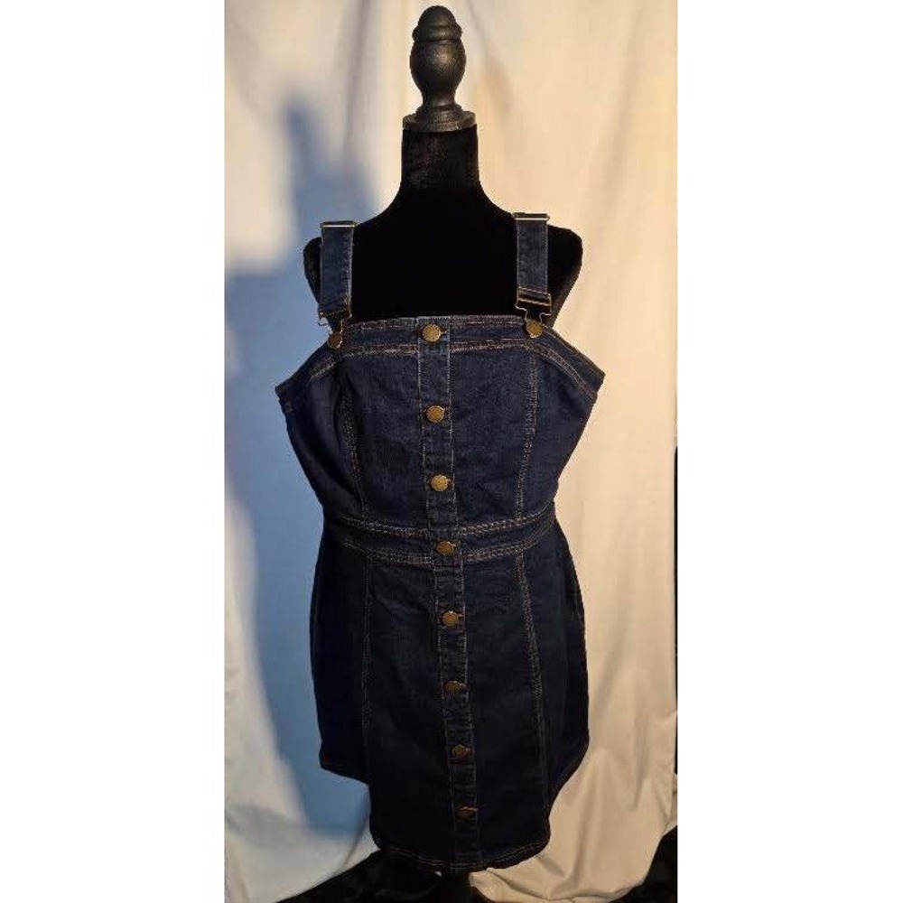 City Chic Dark Denim Button Front Pinafore Overall Dress S/16 00212098